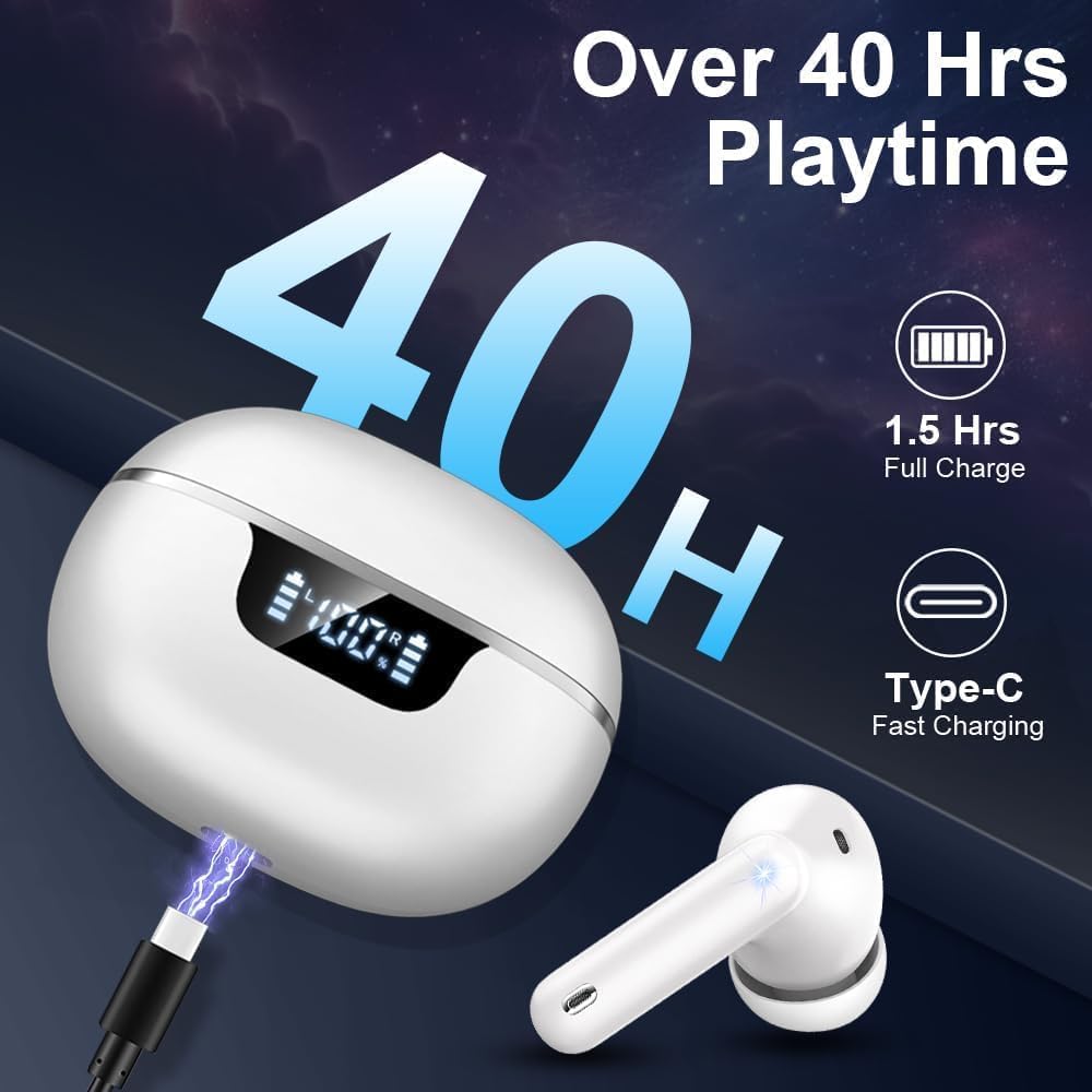 Auriculares Inalambricos, In-Ear Auriculares Inalambricos Bluetooth 5.4 con 4 HD Mic Cancelacion Ruido, 45H Estéreo HiFi Cascos Inalambricos Bluetooth Pantalla LED/IP7 Impermeable/Carga Rápida Tipo-C