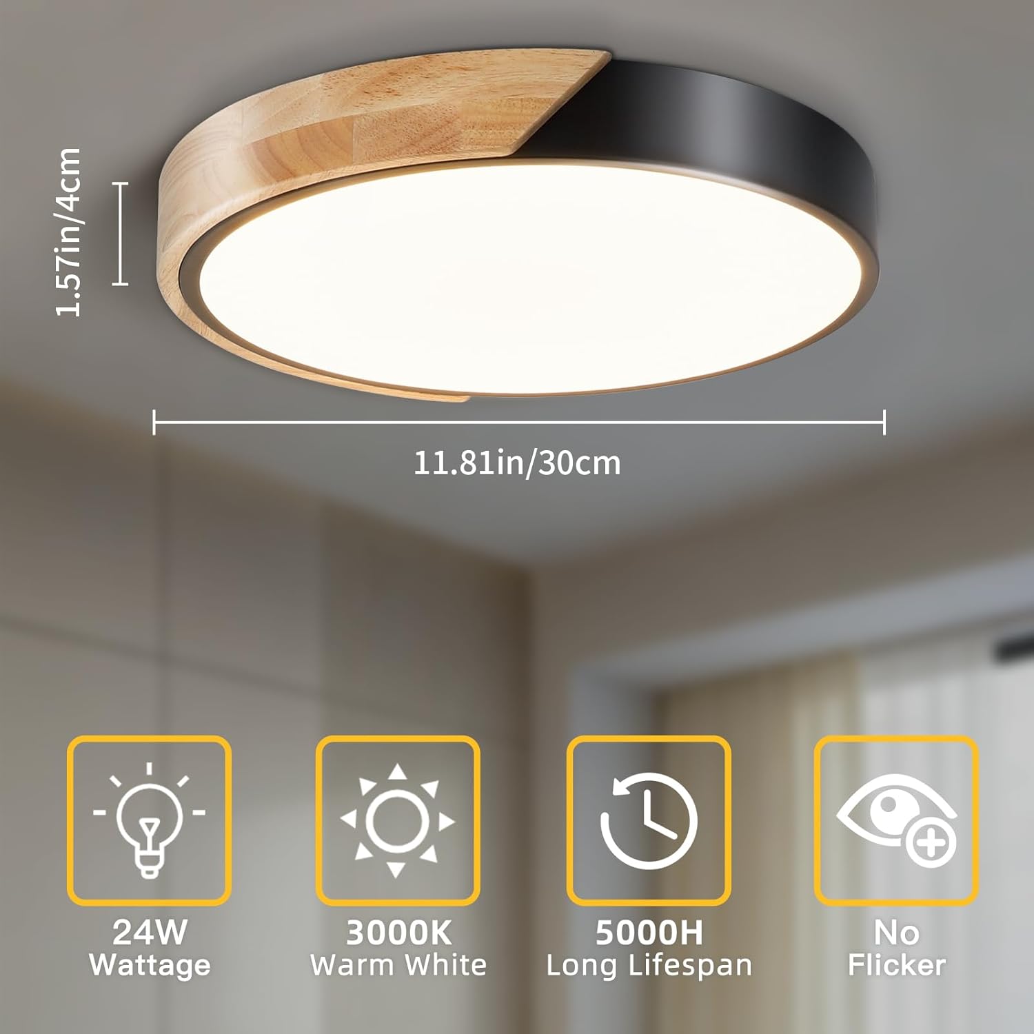 Modern Flush Mount Ceiling Light, Wood Ceiling Light Fixture, Natural White 4500K Not Dimmable, Minimalist Ceiling Lamp with Acrylic Lampshade for Bedroom, Living Room, Hallway(Black, 11.8")