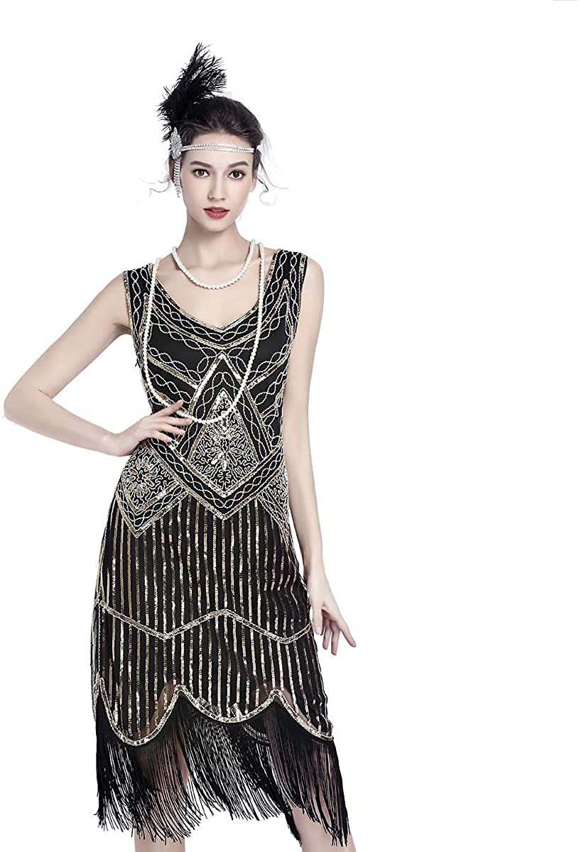 MIMIKRY Robe Charleston à paillettes pour femme Noir/doré