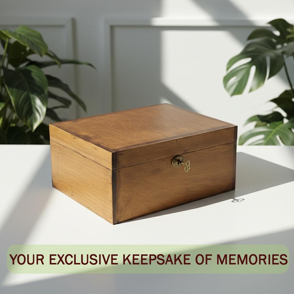 Large Wooden Box with Lock and Key, Vintage Memento Box for Men and Women, Rustic Brown Decorative & Lockable Memory Keepsake Box with Hinged Lid, Secret Lock Box, Keepsake Chest (Brown)