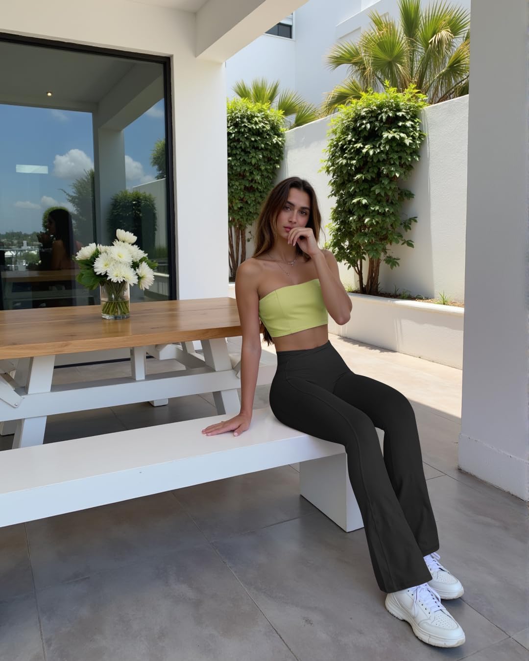 OQQ Women Pants Soft Active High Waist Crossover Flared Trousers with Pockets - Image 3