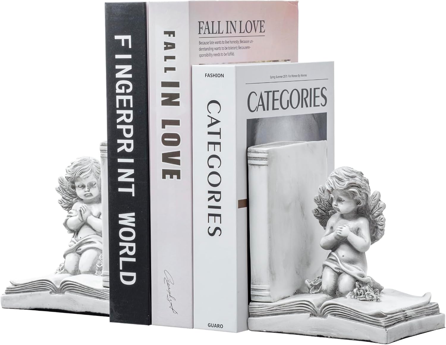 MyGift Vintage White Bookends, Cherub Decor, Decorative Heavy Duty Book Ends, Angel and Book Design, 2 pcs Set