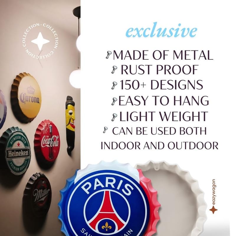 Image of EAZYWAGON Decorative Metal Bottle Caps Wall Sign Plates - 14X14 Inches - Paris Saint-Germain | Metal Wall Hanging Bottle Cap for Home, Farmhouse, Bar & Cafe Decoration | Vintage & Retro Look Plaques