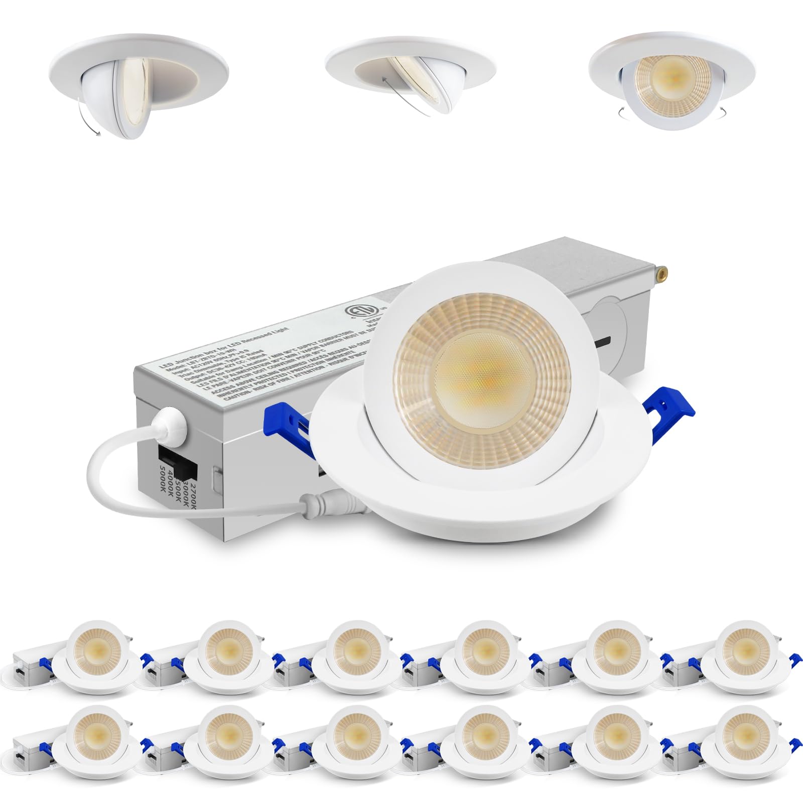 Photo 1 of Adetu 2 Inch 5CCT Gimbal Led Recessed Lighting with Junction Box, 360°+90° Adjustable Recessed Can Lights, 2700K/3000K/3500K/4000K/5000K Selectable, 5W Eqv 50W, 550LM Brightness - ETL (White,12 Pack)