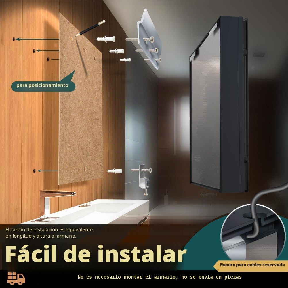 KWW LED Ilumina el Botiquín del Baño, con Espejo, Temperatura de Color Ajustable, luz Antiniebla, Enchufe y USB, Botiquín Montado en La Pared (2 puertas-75×70)