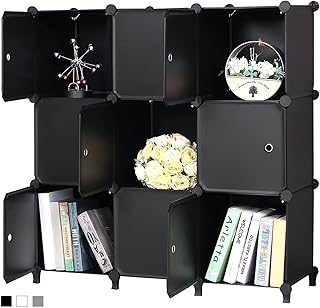 ANWBROAD Cube Storage Organizer, 9-Cube Modular DIY Book Shelf with Doors, Closet Clothes Organizer, Plastic Storage Cubbies Cabinet for Living Room Bedroom Office Black ULCS09BM