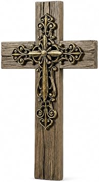 Comfy Hour 13" Decorative Layered Wall Cross, Antique Style Copper Tone Cross on Rustic Wood Look Base, Artisan Crafted Resin Plaque for Home and Office Wall Art