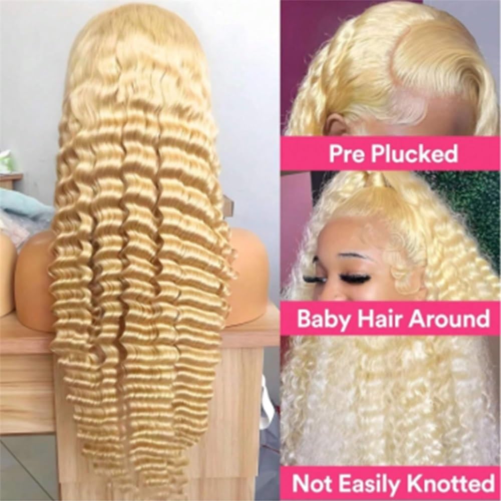 perücke Menschliches Haar 13x4 Lace Front Perücke Tiefe Welle #613 Lace Frontal Perücke Vorgezupft Kunstfaserhaar(22inches)