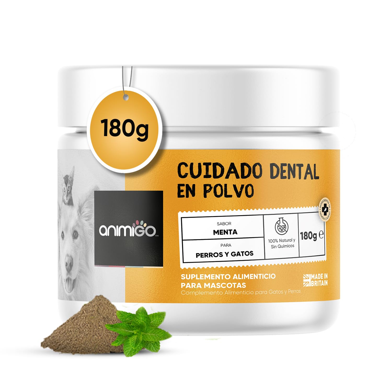 Polvos Cuidado Dental Anti-Sarro para Perros y Gatos 180g - Dientes y Encías Más Fuertes, Aliento Refrescante y Antiplaca Barf | Denti-Care Con Algas Marinas y Menta para la Higiene Dental de Mascotas