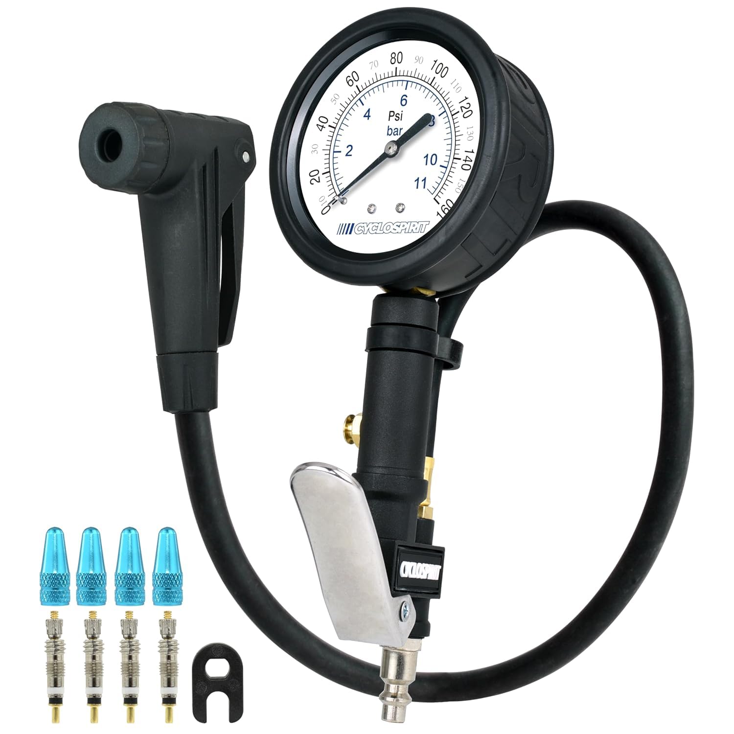 Photo 1 of CycloSpirit Universal Bicycle Tire Inflator Gauge with Auto-Select Valve Type - Presta and Schrader Air Compressor Tool (Dial 3" Oversized)