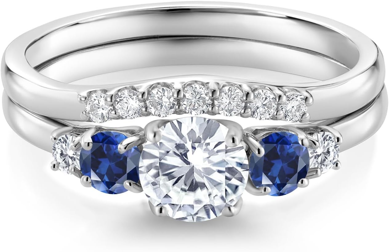 Gem Stone King 10K White Gold Lab Grown Diamond and Blue Created Sapphire 5-Stone Bridal Engagement Wedding Ring Set For Women | 0.89 Cttw | Round: 5MM and 3MM | Available In Size 5, 6, 7, 8, 9