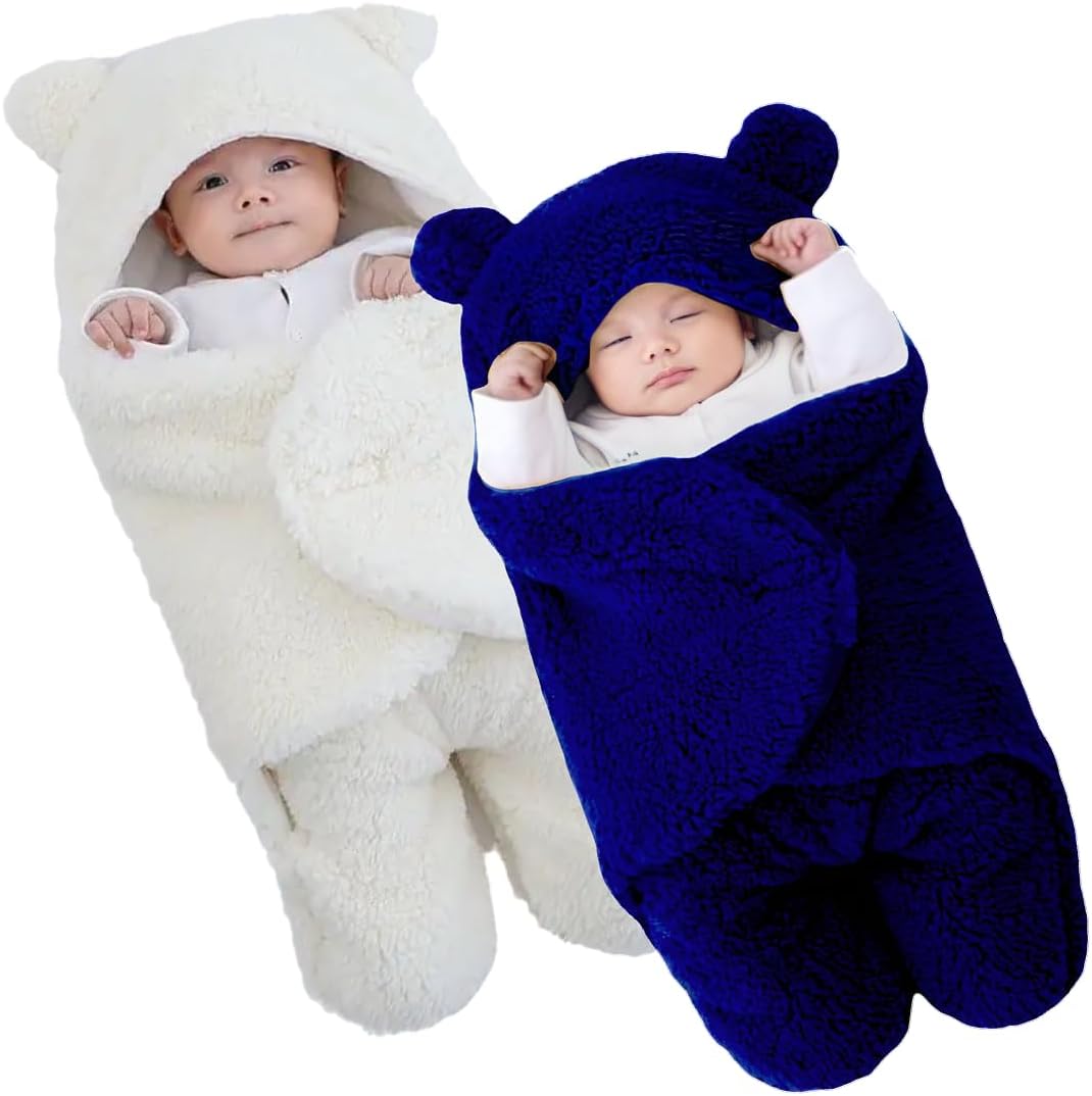 BRANDONN Baby Blankets New Born Combo Pack of Wearable Swaddle Wrapper Security Blanket for Kids for 0-6 Month Babies (White, Navy, 70 cm x 70 cm)