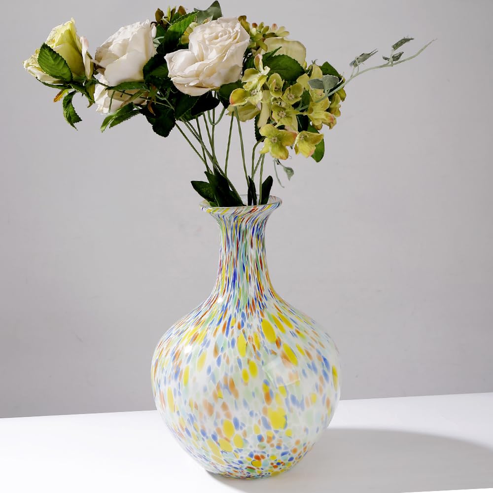 Jarrón de cristal de Murano redondo soplado a mano, 12.5 pulgadas de alto, jarrón de vidrio de boca ancha para mantel, centro de mesa, entrada, sala de estar, decoración de boda, decoración de cristal