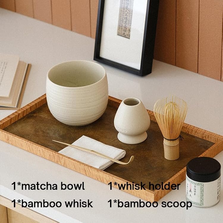 Matcha Whisk Set, Ceramic Matcha Bowl & Whisk Holder, Bamboo Accessory, Modern Design (Matte Creme, Traditional Bowl Design)