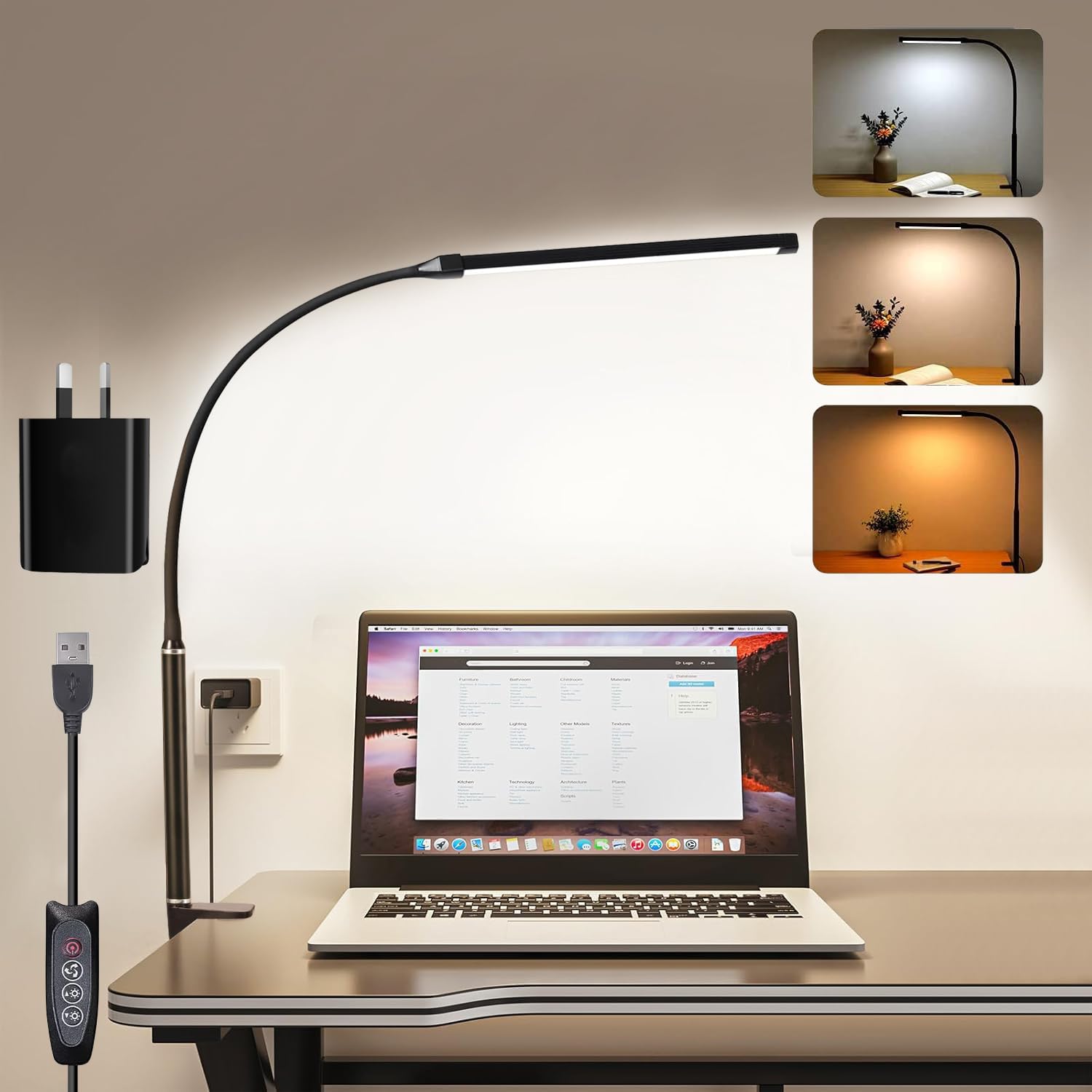 YOUYICI LED Desk Lamp with Clamp, Eye-Caring Clip Lights for Home Office, 3 Colors Stepless Dimming, Flexible Gooseneck Table Lamp with USB Adapter for Reading Working Workbench Drawing Gaming (Black) - Black