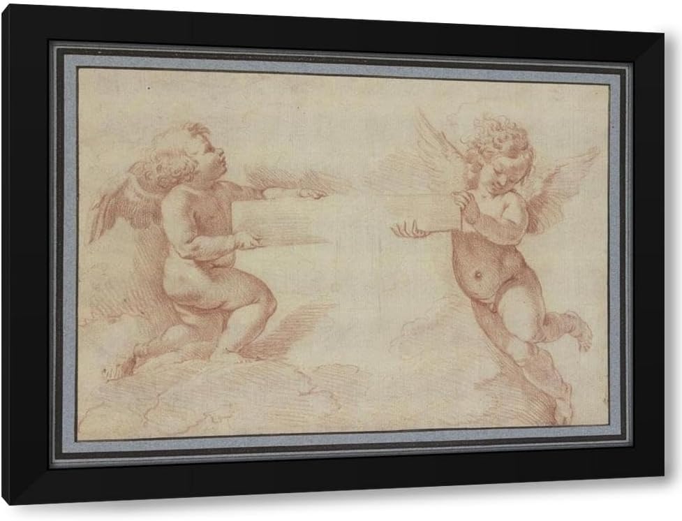 Francesco Albani 24x19 Black Modern Framed Art Print Titled: Two Angels Holding a Cross