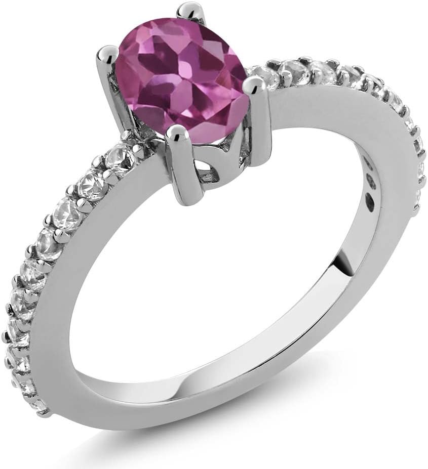 Gem Stone King 1.15 Ct Oval Pink Tourmaline and White Created Sapphire 925 Sterling Silver Ring