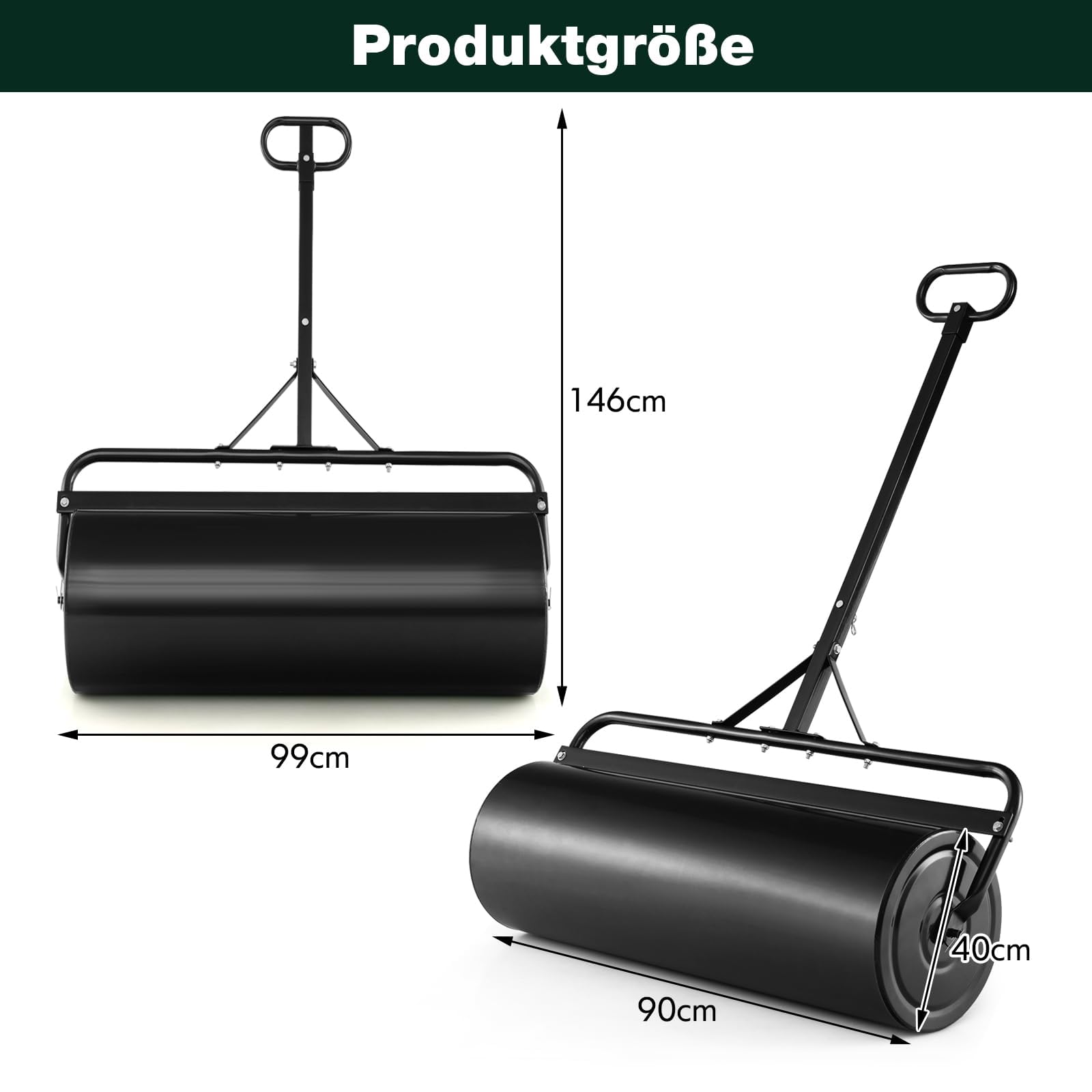 FANTASK Walec do trawnika metalowy, 113 l, wałek ręczny z uchwytem, wałek ogrodowy Ø 40 cm, napełniany wodą/piaskiem, bęben do dużych obciążeń, wałek do trawy (czarny)
