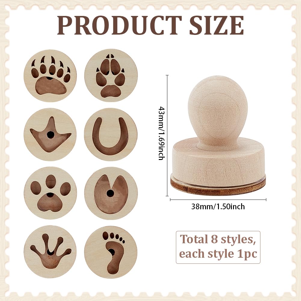 PH PandaHall Juego de 8 sellos de arcilla de madera, sellos redondos de huellas de huellas de animales pequeños de madera natural con asa para manualidades, arcilla y cerámica, 4,3 x 3,8 cm