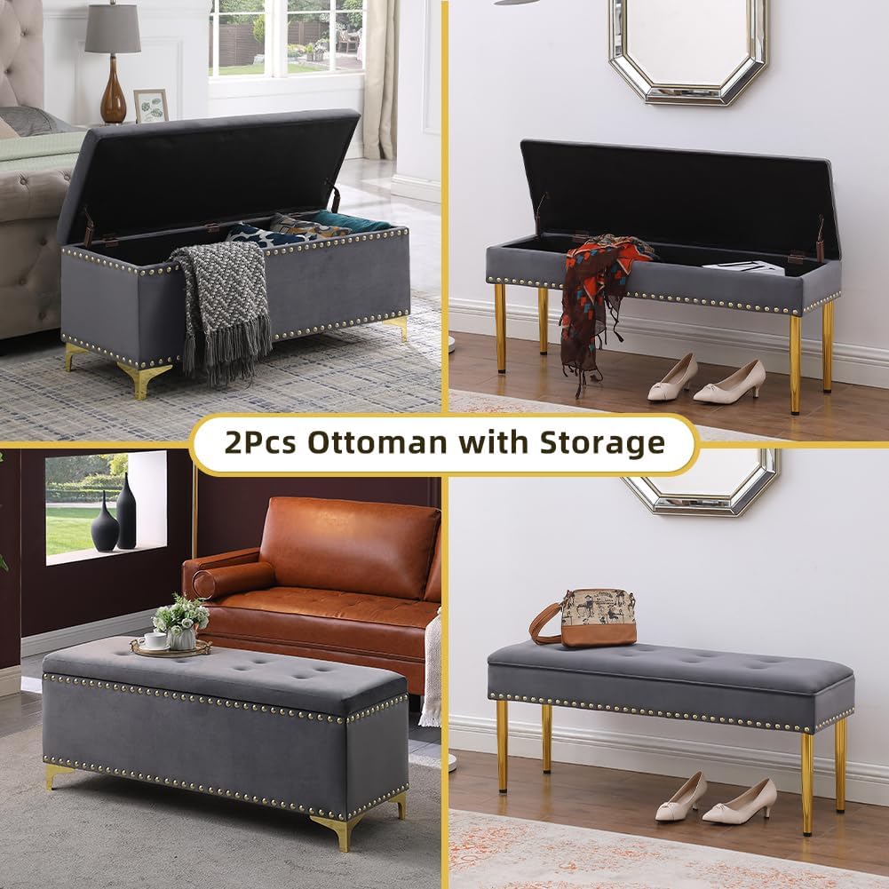 2Pcs Ottoman with Storage - 48 Inch End of Bed Storage Bench + 43 Inch Ottoman Bench Footrest Stool,Nailhead Trim,Upholstered Storage Ottoman for Bedroom,Entryway, Living Room(Grey)