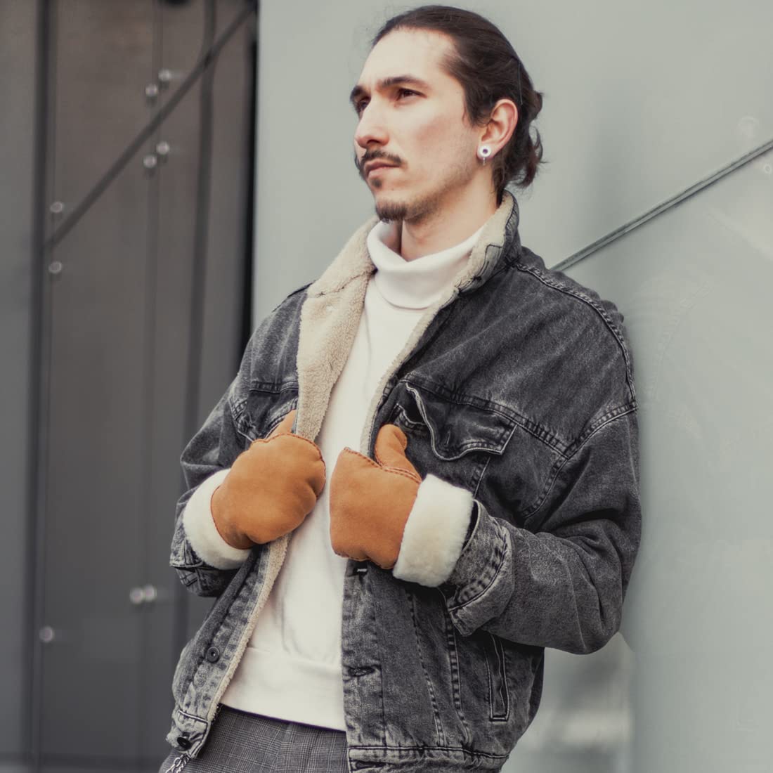 Harssidanzar Guanti in pelle degli uomo,vera pelle scamosciata in pelle di pecora Shearling Guanti in pelliccia Cuff KM044EU