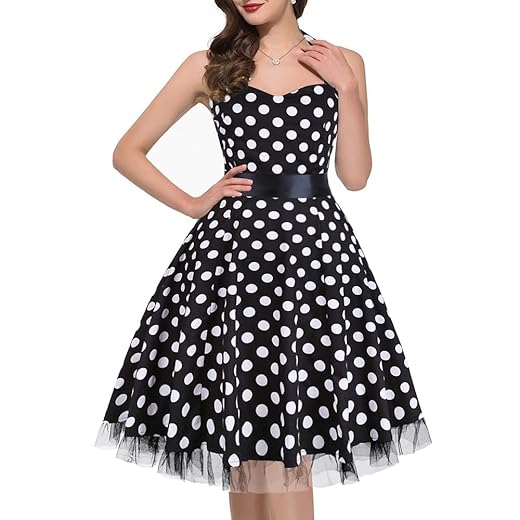 OTEN Women's 1950s Vintage Halter Polka Dot Retro Rockabilly Sewing Cocktail Prom Tea Dresses,X-Large,Black Polka Dot