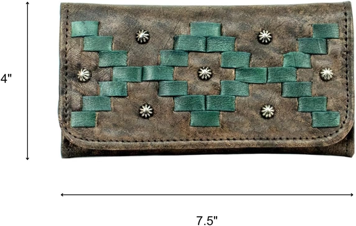 American West Hand Tooled Handcrafted 100% Genuine Leather Tri-Fold Wallet for Women Card Slots Cash Pocket and Clear ID Holder Tribal Weave Collection Western
