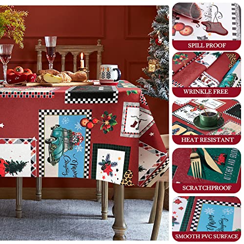 Aircowrie Vinyl Christmas Tablecloth Rectangle, Christmas Tree Print Heavy Duty Plastic Table Cloth, Waterproof Oil Proof Wipeable Pvc Table Cover For Xmas Party (Xmas Red2, 54”×108”) #TOP2
