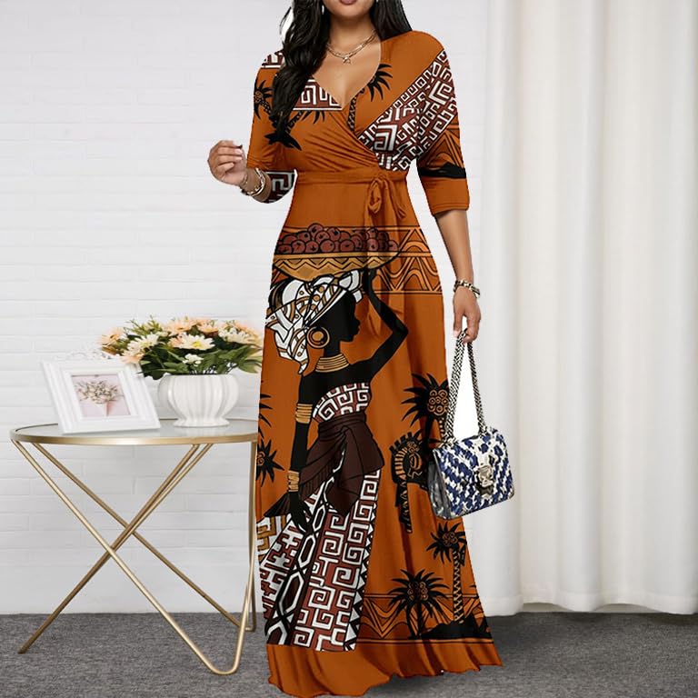 Image of CaniBtr Maxi Dresses for Women Plus Size 3 /4 Sleeve Long Dress with Belt | Versatile plus-size maxi dress,wrap v-neck + waist tie craft soft glamorous looks easily for everyday casual outings