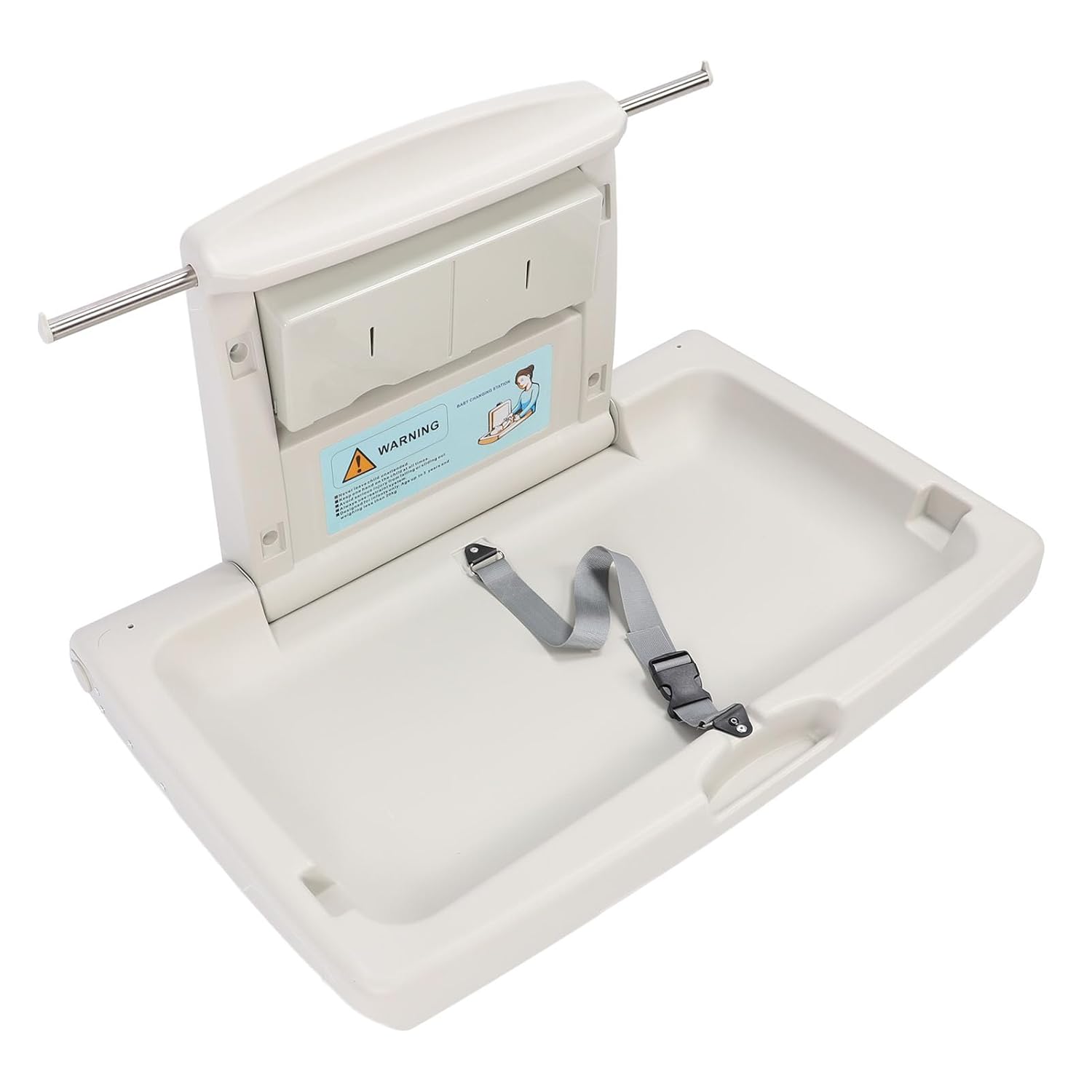 Baby Changing Station, Wall Mounted Foldable Diaper Changing Table with Hydraulic Power Bar, Safety Strap and Tissue Box Hooks for Commercial Bathrooms Malls Hotels Airports