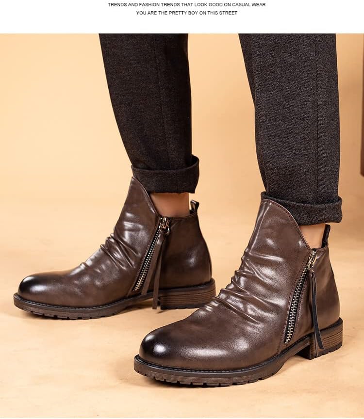 Amazon.com | Hopomart Men's Pleated Chelsea Ankle Boots,Double Zipper