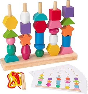 Wood Sorting & Stacking Toys, Montessori Lacing Beads Shape Color Recognition Blocks Matching Puzzle Stacker, 3 in 1 Early Educational Block Puzzles for Toddler