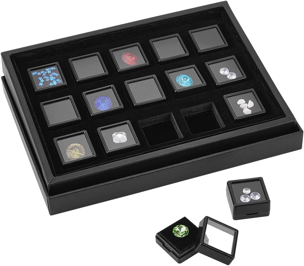PH PandaHall Gemstone Display Boxes, Black Plastic Gem Box Loose Diamond Conrainers Jewelry Holder with 1.16" 15pcs Small Black Square Storage Box with Sponge for Small Item, Gems, Diamonds