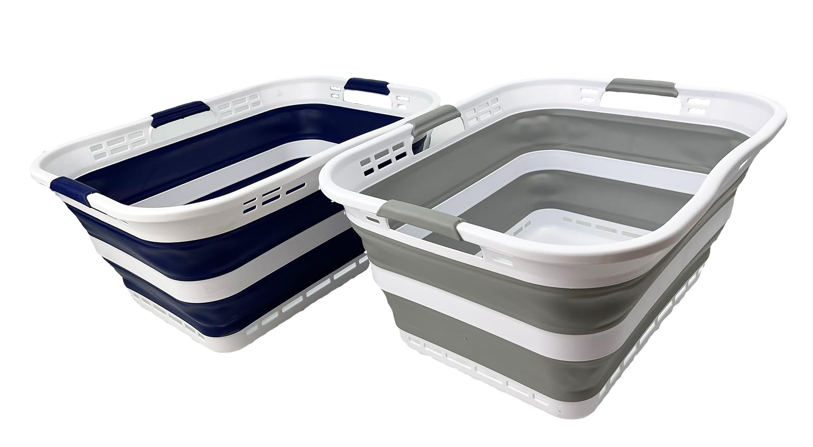 SAMMART Set of 2 Collapsible Plastic Storage Basket - Foldable Pop Up Storage Container - Portable Laundry Organizer - Space Saving Hamper (Starry Blue+Grey, 42L (Style A))