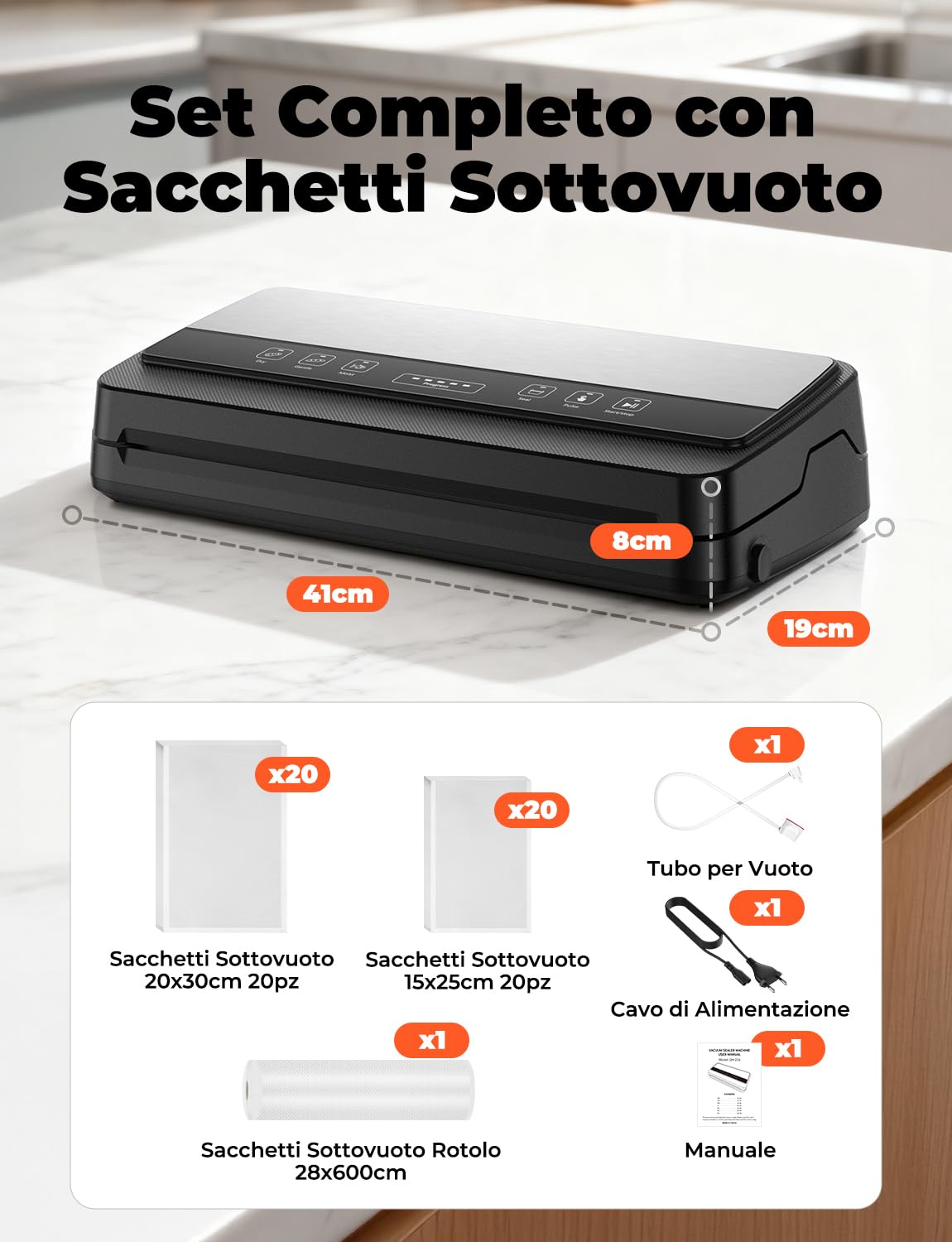 Macchina Sottovuoto Alimenti Professionale con Tubo/Taglierina Interna/Custodia Borsa, Secco/Umido/Delicato, con 40 Sacchetti Sottovuoto e 1 Rotoli 28x600cm