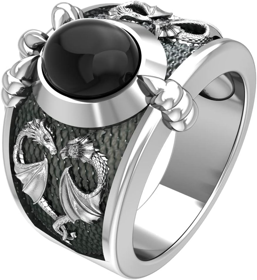 925 Sterling Silver Onyx Dragon Heart Ring with Dragon Claw Gothic Viking Jewelry