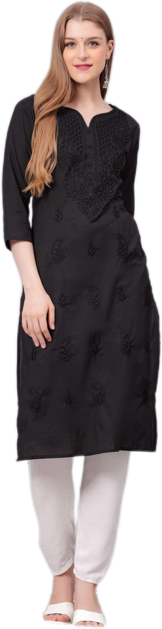 Indian Hand Embroidered Kurti for Women Chikankari Straight Cotton Long Kurti's Tunic Kurta Dreses for Women