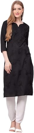 JG JAI GOVINDAM Indian Hand Embroidered Kurti for Women Chikankari Straight Cotton Long Kurtis Tunic Kurta Dreses for Women