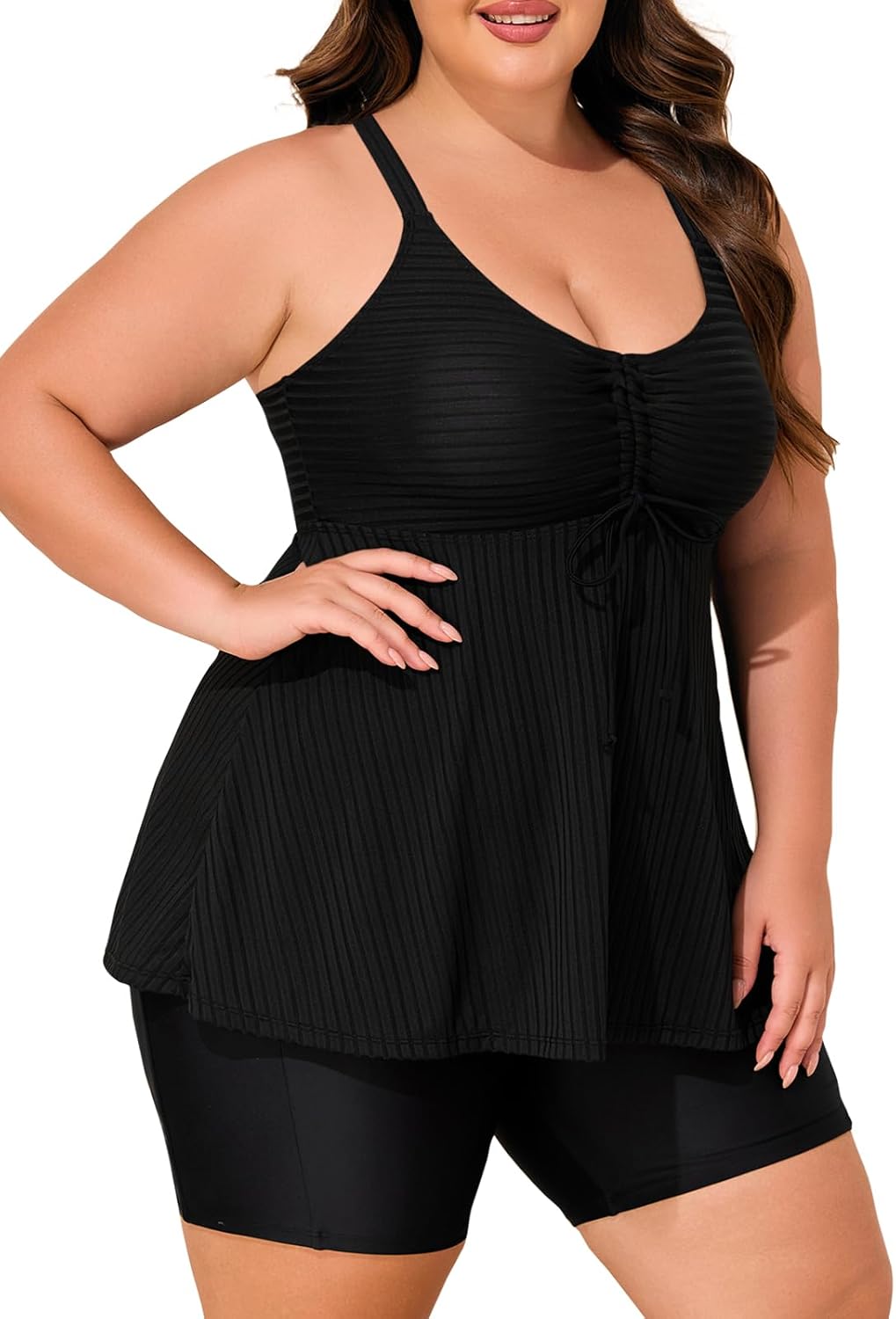 Summer Mae Plus Size Swimsuit for Women Tankini Two Piece Bathing Suit with Capris Pockets Short High Waist Swimwear Ribbed Black 18 Plus