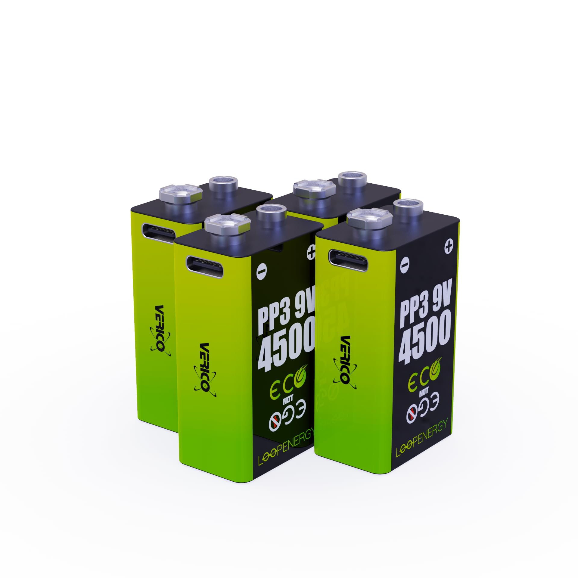 VERICO LoopEnergy - Confezione da 4 blocchi da 9 V, PP3, 4500 mWh, batterie ricaricabili USB-C agli ioni di litio, 2 cavi di ricarica USB tipo A a 2 tipi C