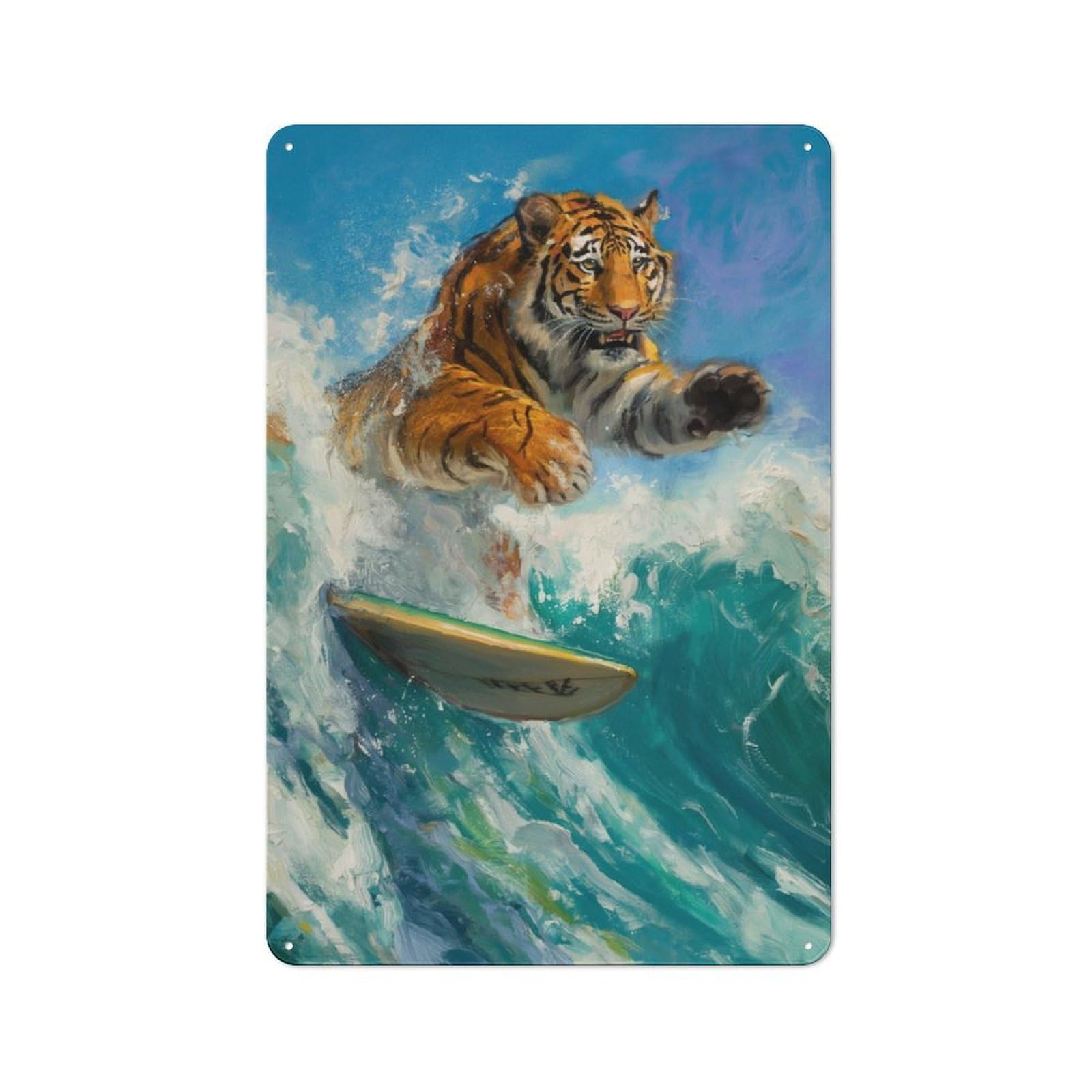 Junmoney Tiger Surfer Surfing Waves Garden Style Tin Sign 30X20cm Featuring Shed Wall Decor For Patio Bar, Workshop, Shed Or Kitchen