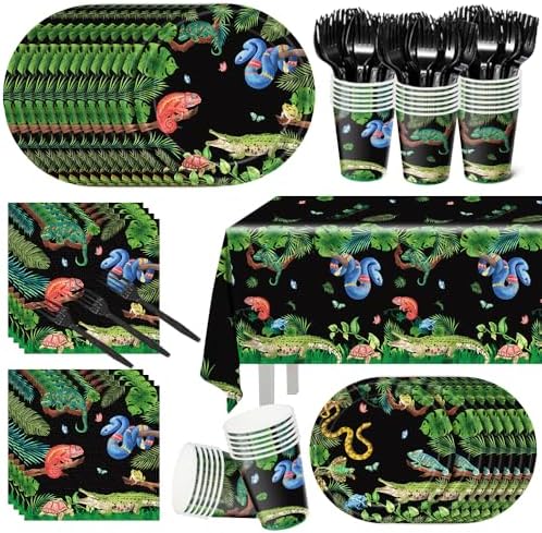 121PCS Reptile Birthday Party Plates Napkins Supplies Snake Paper Cups Tablecloth Tableware Set Jungle Swamp Snake Party Supplies for Kids Boys Birthday Party Serves 24
