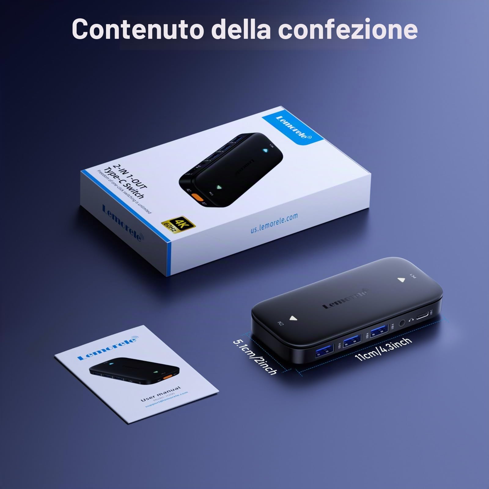 Lemorele Switch KVM USB C con Pulsante Unico per 2 Dispositivi, Supporta Video/Audio 4K 60Hz, Ideale per Workstation e Intrattenimento Domestico