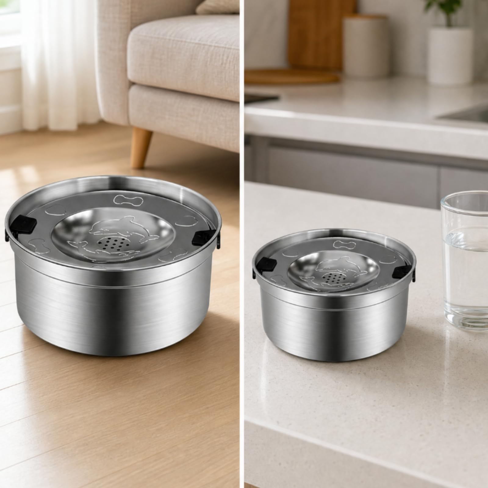 Cuenco Agua con Tapa Flotante Higiénico Cuenco Redondo Acero Inoxidable con Base Antideslizante Práctico para s, 3,2L