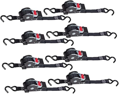 Vista 28 de Mytee Products Paquete de 4 correas de trinquete retráctiles de 1 pulgada x 12 pies con gancho en S recubierto de zinc para motocicletas, Naranja