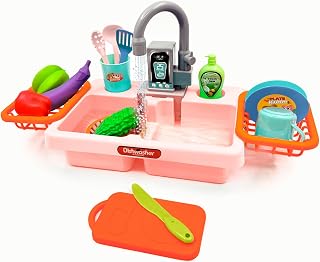 Acelane Juego de Fregadero de Cocina para Niños con Grifo de Reciclaje de Agua, Juguetes de Cocina con Accesorios con Grifo Infantil Bomba, Fregadero de Juguete para Niños de 3+ Años con Vegetales de