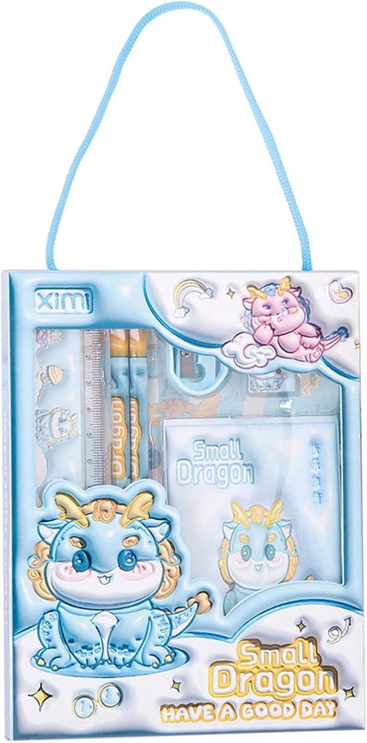PRIME DEALS Kids Dragon Stationary Kit for Girls Pencil Pen Book Eraser Sharpener - Stationary Kit Set for Girls/Birthday Gift (Dragon 6 Pcs), Blue