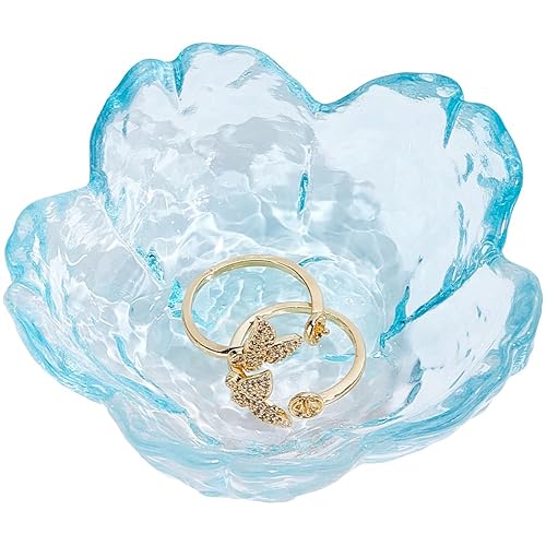 CREATCABIN Small Glass Jewelry Dish Sakura Flower Glass Jewelry Ring Dishes Jewelry Tray for Women Transparent Desktop Jewelry Organize Bedside Cupboard Photography Props Blue 3.3x3.3x1.3 Inch - Blue
