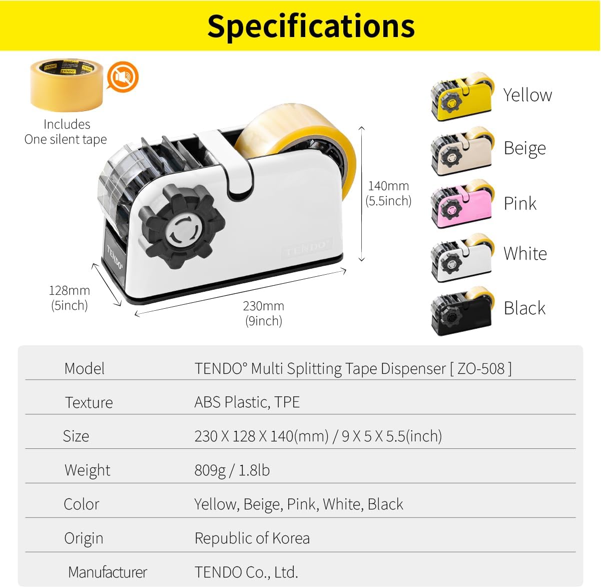 [TENDO°] Multi-Section Tape Dispenser ZO-508: Innovative Cutter for Custom Tape Width (White)