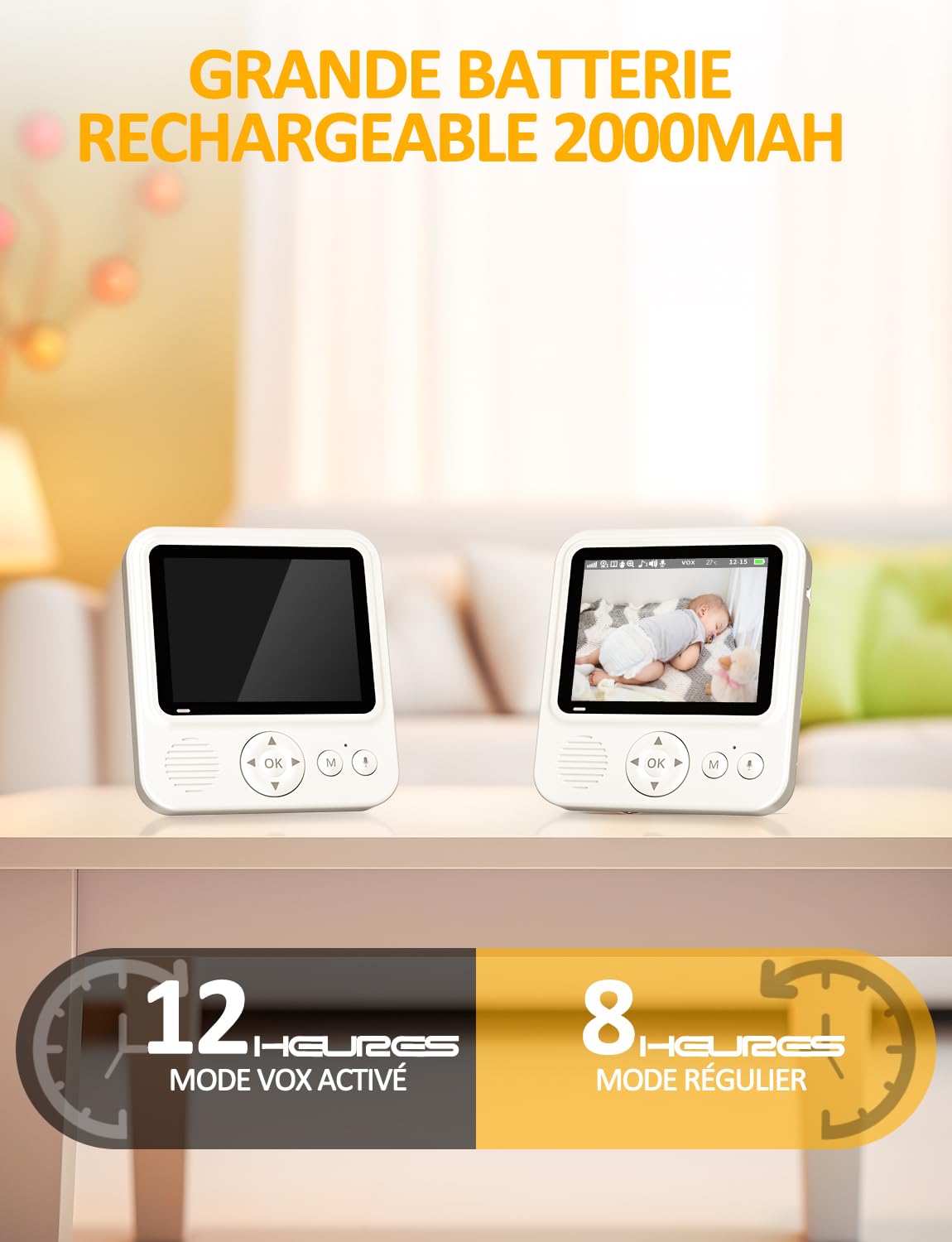 OBVHNUA Babyphone Camera 2,8 Pouces Caméra Bebe 720P IPS LCD Baby Phone Vidéo 2000mAh USB-C Moniteur avec 2-4X Zoom VOX Vision Nocturne Communication Bidirectionnelle Capteur de Température Berceuses
